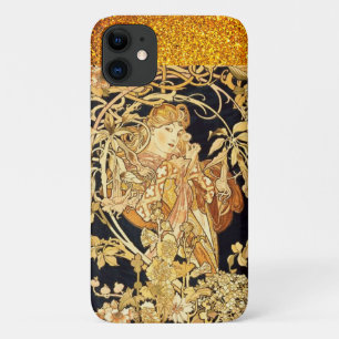 Art nouveau vrouw bloemenalfons mucha zwart goud iPhone 11 hoesje