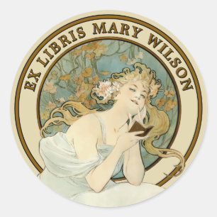 Art Nouveau Vrouw & Boek Mucha Ex Libris Sjabloon Ronde Sticker