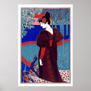 Art Nouveau-vrouw en pauwen uit het victoriaans ti Poster