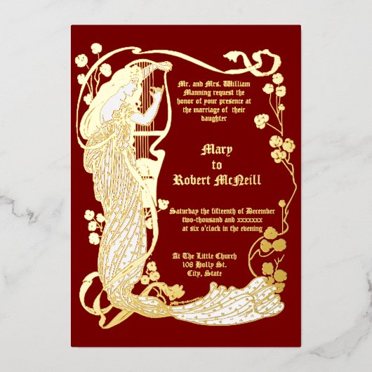 Art Nouveau Vrouw & Harp in Rozen Bruiloft Folie Uitnodiging (Voorkant)