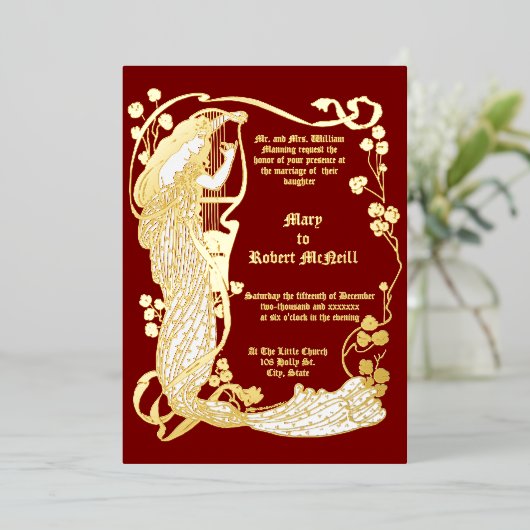 Art Nouveau Vrouw & Harp in Rozen Bruiloft Folie Uitnodiging (Staand Voorkant)
