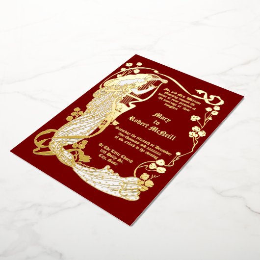 Art Nouveau Vrouw & Harp in Rozen Bruiloft Folie Uitnodiging (Gedraaid)