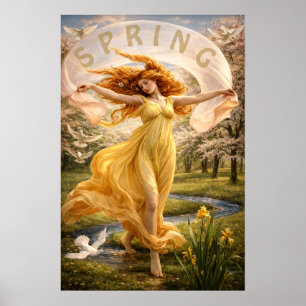 Art Nouveau-vrouw in een bloeiende weide Poster
