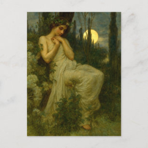 Art Nouveau-vrouw in tuin onder een junimaan Briefkaart