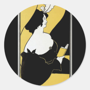 Art Nouveau, Vrouw leest een Geel Boek Ronde Sticker