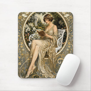 Art Nouveau-vrouw leest in tuin Muismat