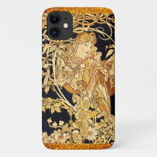 Art nouveau vrouw met bloemen zwart goud iPhone 11 hoesje