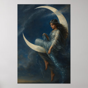 Art Nouveau-vrouw op halvemaan Poster