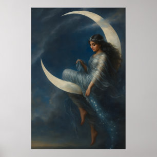 Art Nouveau-vrouw op halvemaan Poster