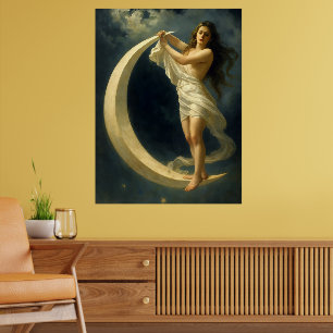 Art Nouveau-vrouw rijdend op een wassende maan Poster