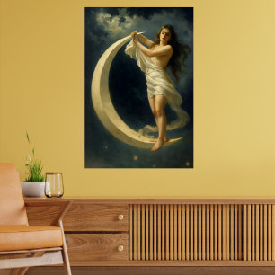 Art Nouveau vrouw rijdend op een wassende maan Poster