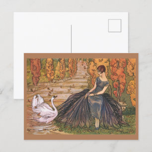 Art Nouveau Vrouw Zwaan kunst illustratie Briefkaart