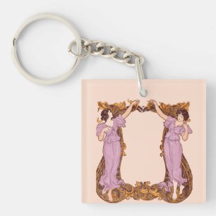 Art Nouveau Vrouwen Bloemrijke Lijst Vintage Decor Sleutelhanger