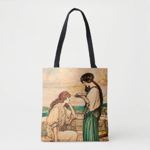 Art Nouveau-vrouwen die aan zee lezen  Draagtas