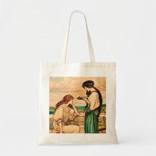 Art Nouveau vrouwen die aan zee lezen Tote Bag
