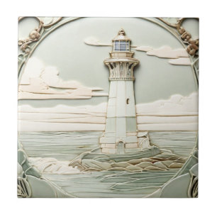 Art Nouveau Vuurtoren Faux Relief Light Mint Blue Tegeltje