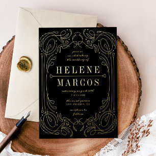 Art Nouveau Wedding Fantage Black Gold Folie Uitnodiging