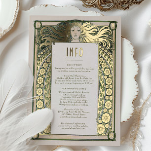Art Nouveau Wedding Info Details Gold Green Mucha Folie Uitnodiging
