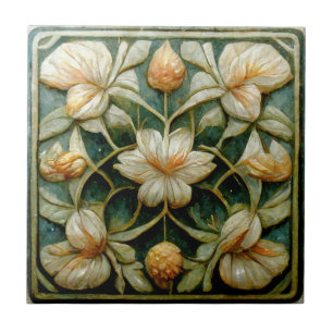 Art Nouveau White Flowers, Franse blauwe achtergro Tegeltje