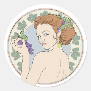 Art Nouveau Wijnliefhebber Meisje met druiven Ronde Sticker