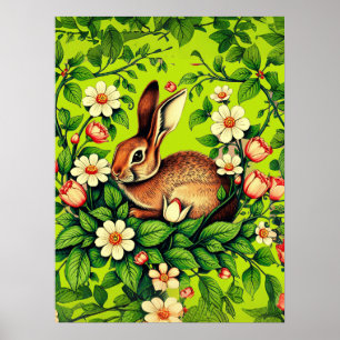 Art Nouveau Wilde Konijn en Bloemen Poster