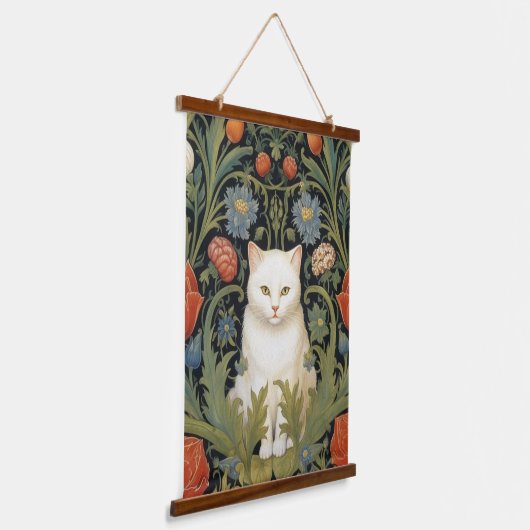 Art nouveau witte kat in de tuin hangend wandkleed (Gebogen)