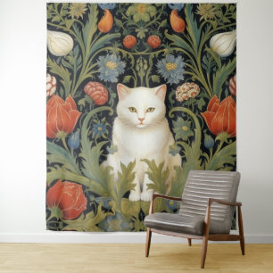 Art nouveau witte kat in de tuin wandkleed