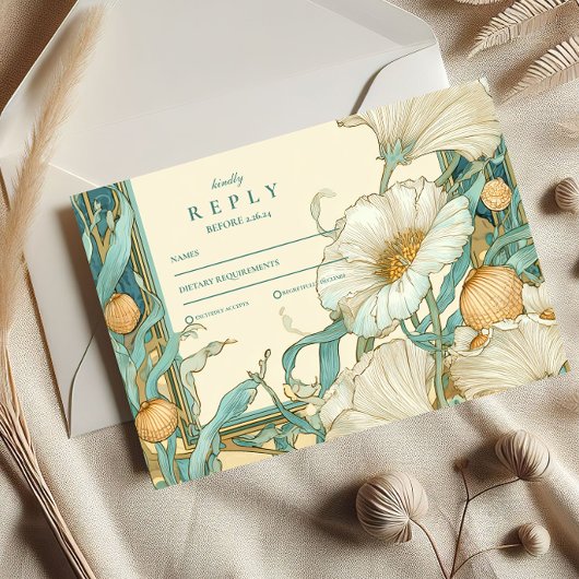 Art Nouveau Witte Poppy bruiloft RSVP Kaartje