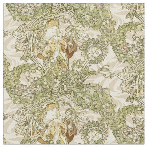  Art Nouveau Woman Floral Pattern van Mucha Stof