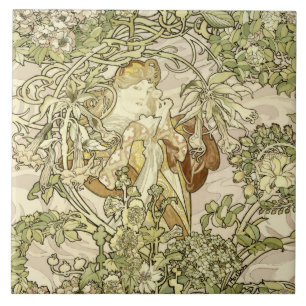  Art Nouveau Woman Floral Pattern van Mucha Tegeltje