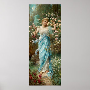 Art Nouveau Woman in Flowers under a Crescent Moon Poster