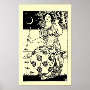  Art Nouveau Woman met Clarinet en Moon Poster