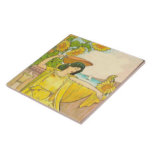 Art Nouveau Woman met zonnebloemen Tegeltje