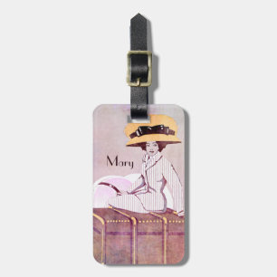 Art Nouveau Woman Vintage Travel Trunges met naam Bagagelabel