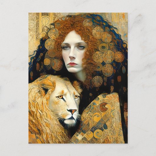 Art Nouveau Woman With Leon Inspired By Klimt Briefkaart (Voorkant)