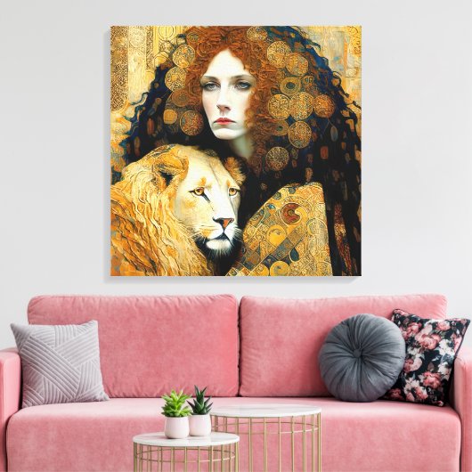Art Nouveau Woman With Leon Inspired By Klimt Canvas Afdruk (Insitu (Woonkamer))