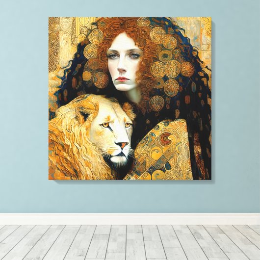 Art Nouveau Woman With Leon Inspired By Klimt Canvas Afdruk (Insitu (Houten vloer))