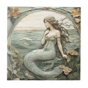 Art Nouveau Zeemeermin Faux Relief Mint Ocean Zee Tegeltje