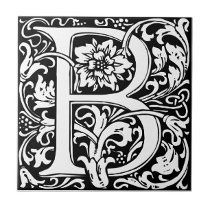 Art nouveau zwart-wit tegel letter B Tegeltje