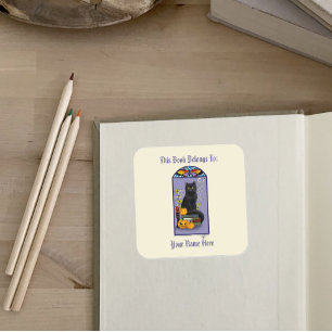 Art Nouveau Zwarte Kat Boekplaat Vierkante Sticker