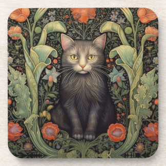 Art nouveau zwarte kat en rode bloemen bier onderzetter