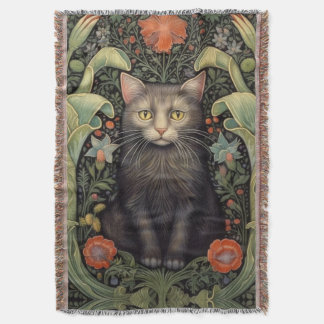 Art nouveau zwarte kat en rode bloemen deken