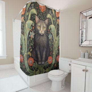 Art nouveau zwarte kat en rode bloemen douchegordijn