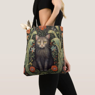 Art nouveau zwarte kat en rode bloemen draagtas