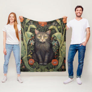 Art nouveau zwarte kat en rode bloemen fleece deken