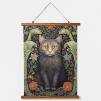 Art nouveau zwarte kat en rode bloemen hangend wandkleed