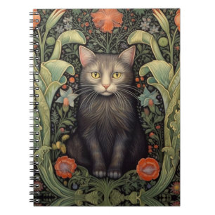 Art nouveau zwarte kat en rode bloemen notitieboek