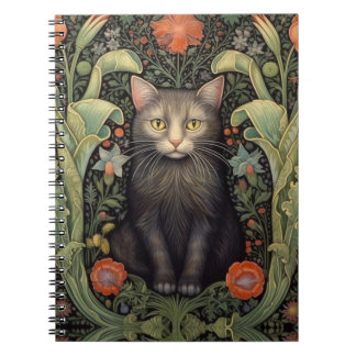 Art nouveau zwarte kat en rode bloemen notitieboek