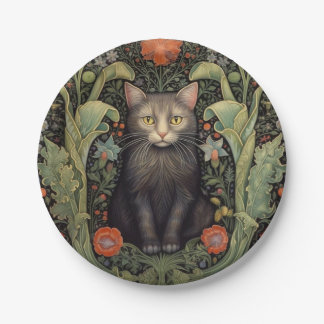 Art nouveau zwarte kat en rode bloemen papieren bordje