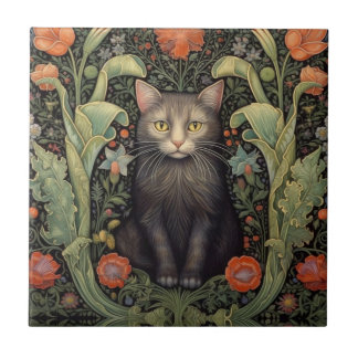 Art nouveau zwarte kat en rode bloemen tegeltje